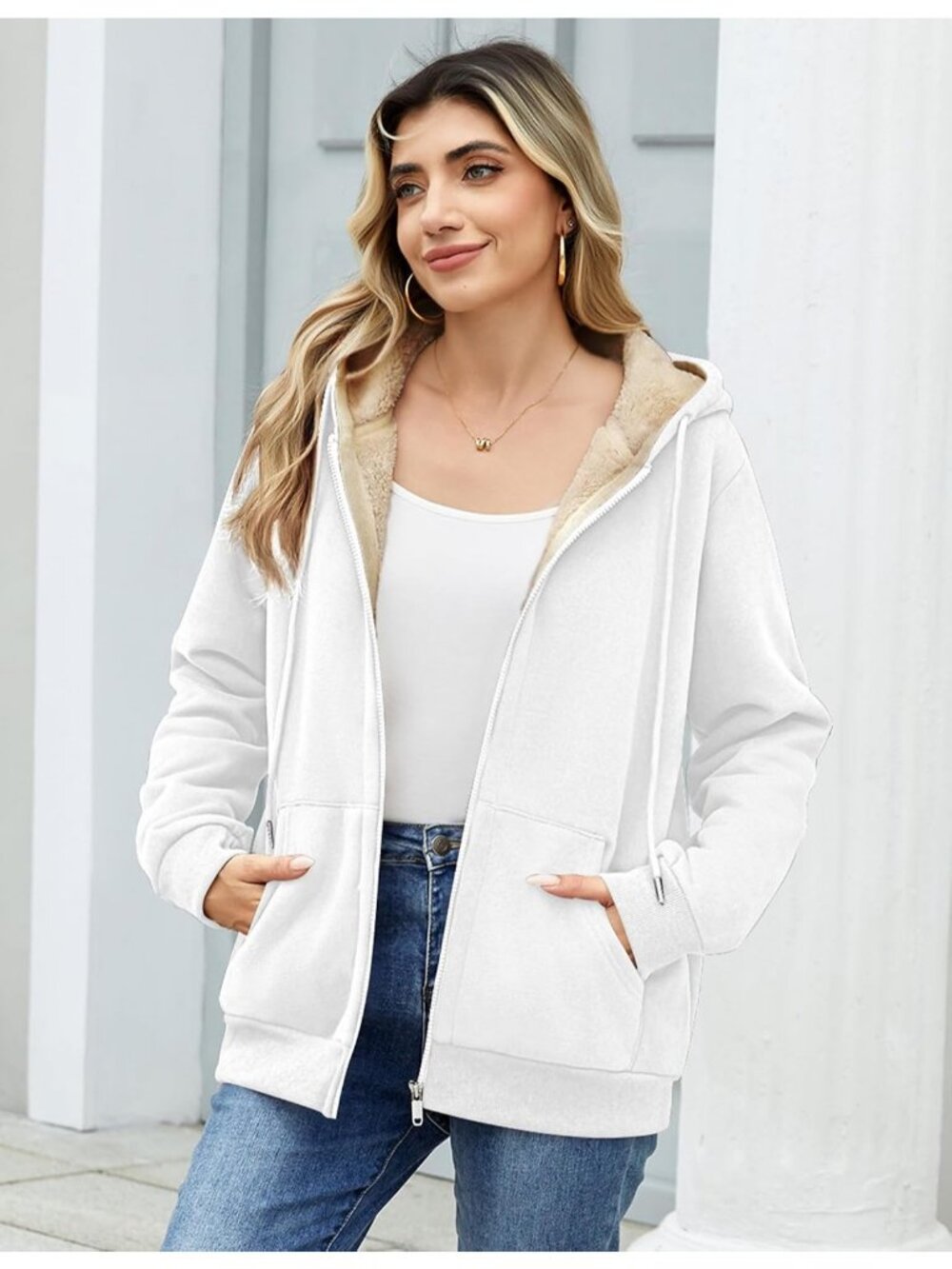 Women's White Fleece Lined Drawstring Hooded Kangaroo Casual Winter Jackets - Picture 3 of 6